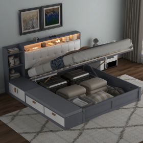 Queen Size Platform Bed Frame with Upholstery Headboard and Storage Shelves and,USB Charging,Gray