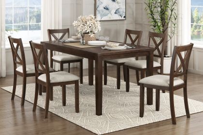 Dark Chery Finish Wooden Dining Set 7pc Dining Table and Beige Side Chairs Transitional Kitchen Breakfast Furniture Set