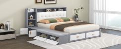 Queen Size Low Profile Platform Bed Frame with Upholstery Headboard and Storage Shelves and Drawers,USB Charging Design,Gray