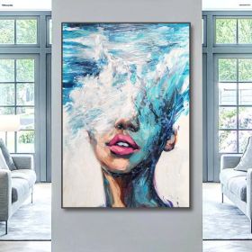 Hand Painted Oil Painting Abstract Portrait Wall Art Hand painted-Nordic Light Blue Girl Oil Paintings On Canvas-Hand Made-For Home Decoration (size: 90X120cm)